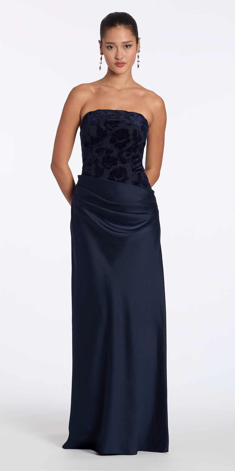 navy/size/2/missy/Camille La Vie/Square Neck Velvet Illusion Corset Satin Column Dress/front alt 2