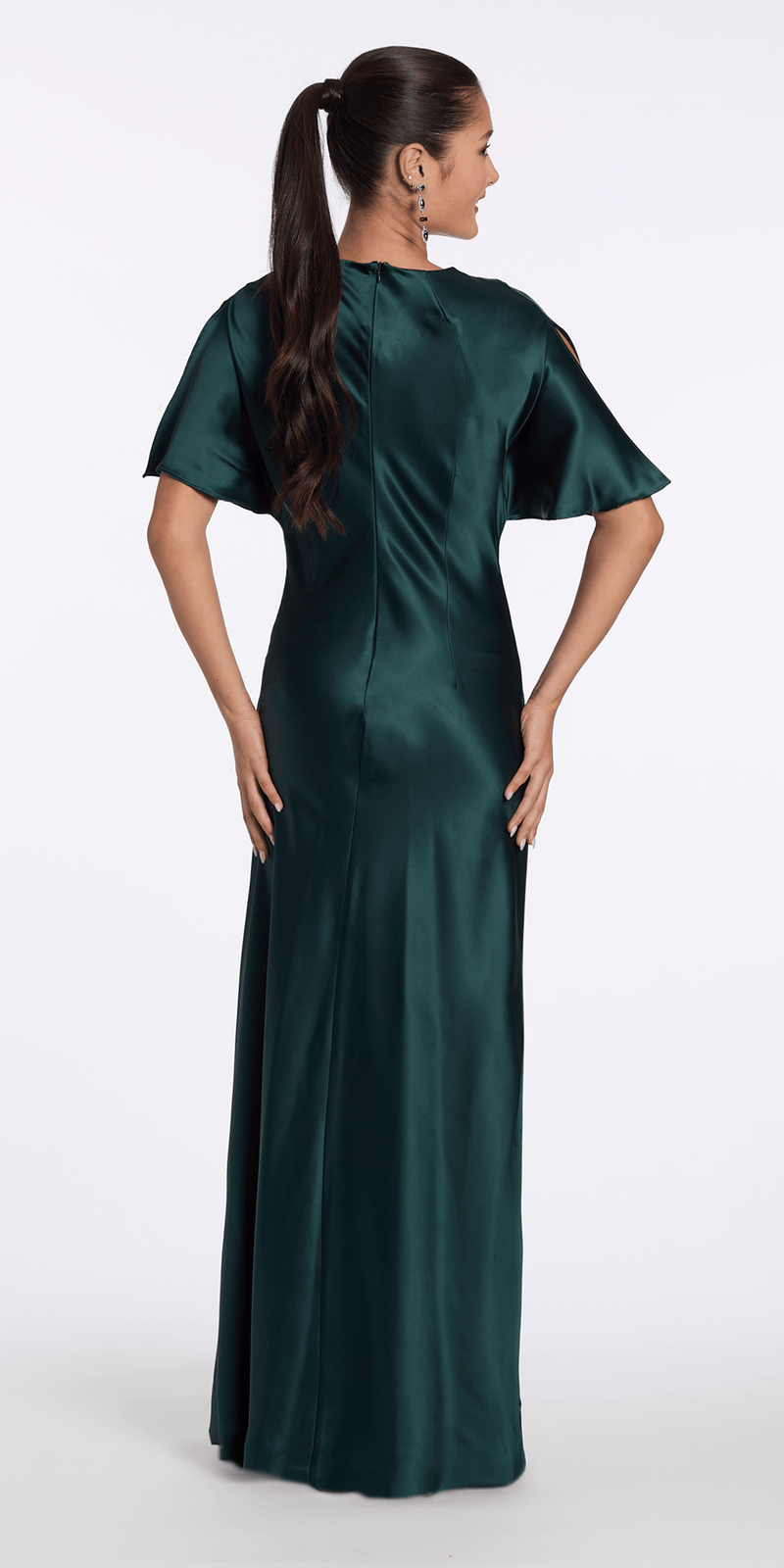 pine-green/size/4/missy/Camille La Vie/Satin Jewel Neck Flutter Sleeve Column Dress with Side Slit/back
