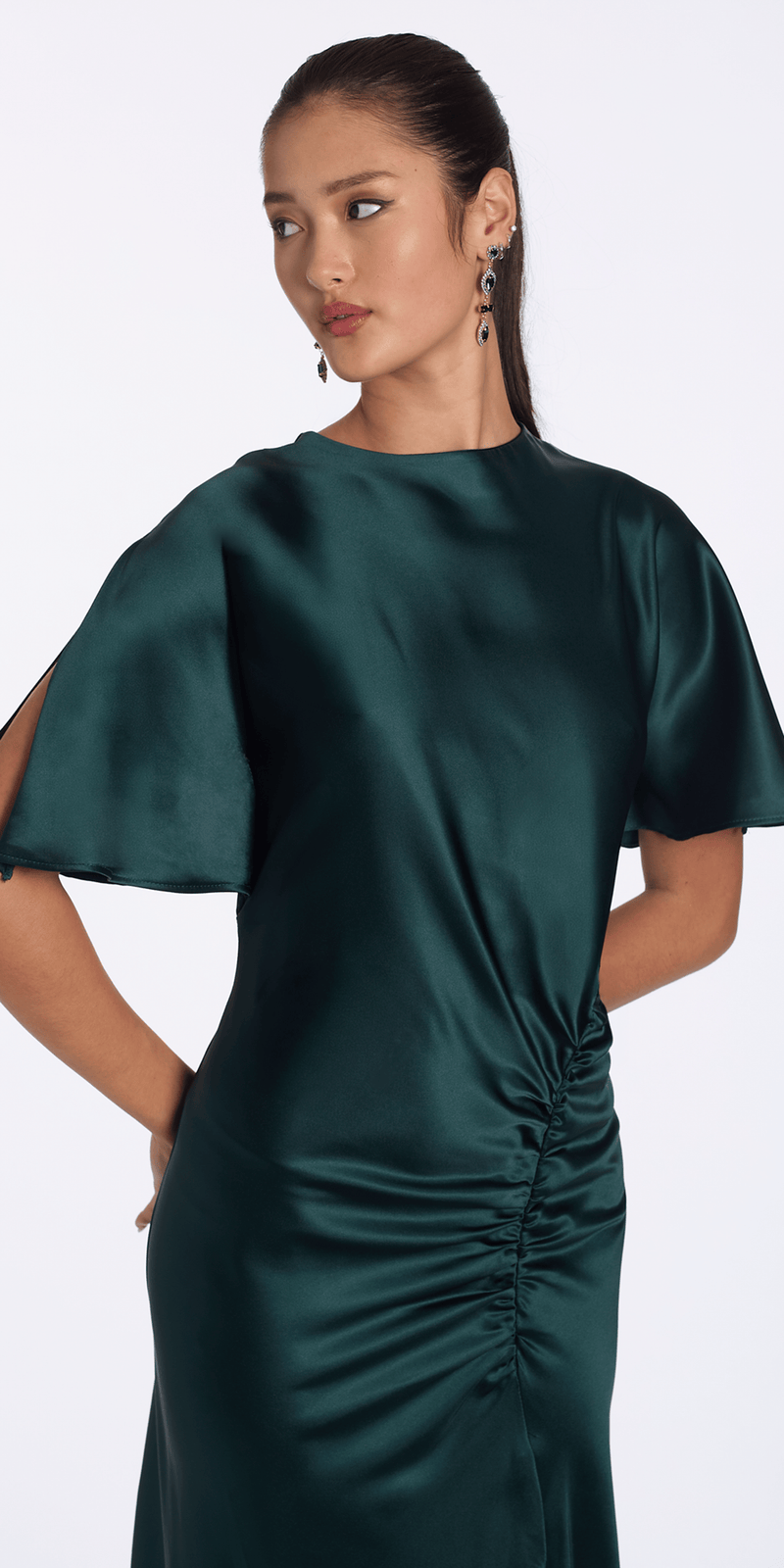 pine-green/size/4/missy/Camille La Vie/Satin Jewel Neck Flutter Sleeve Column Dress with Side Slit/close up