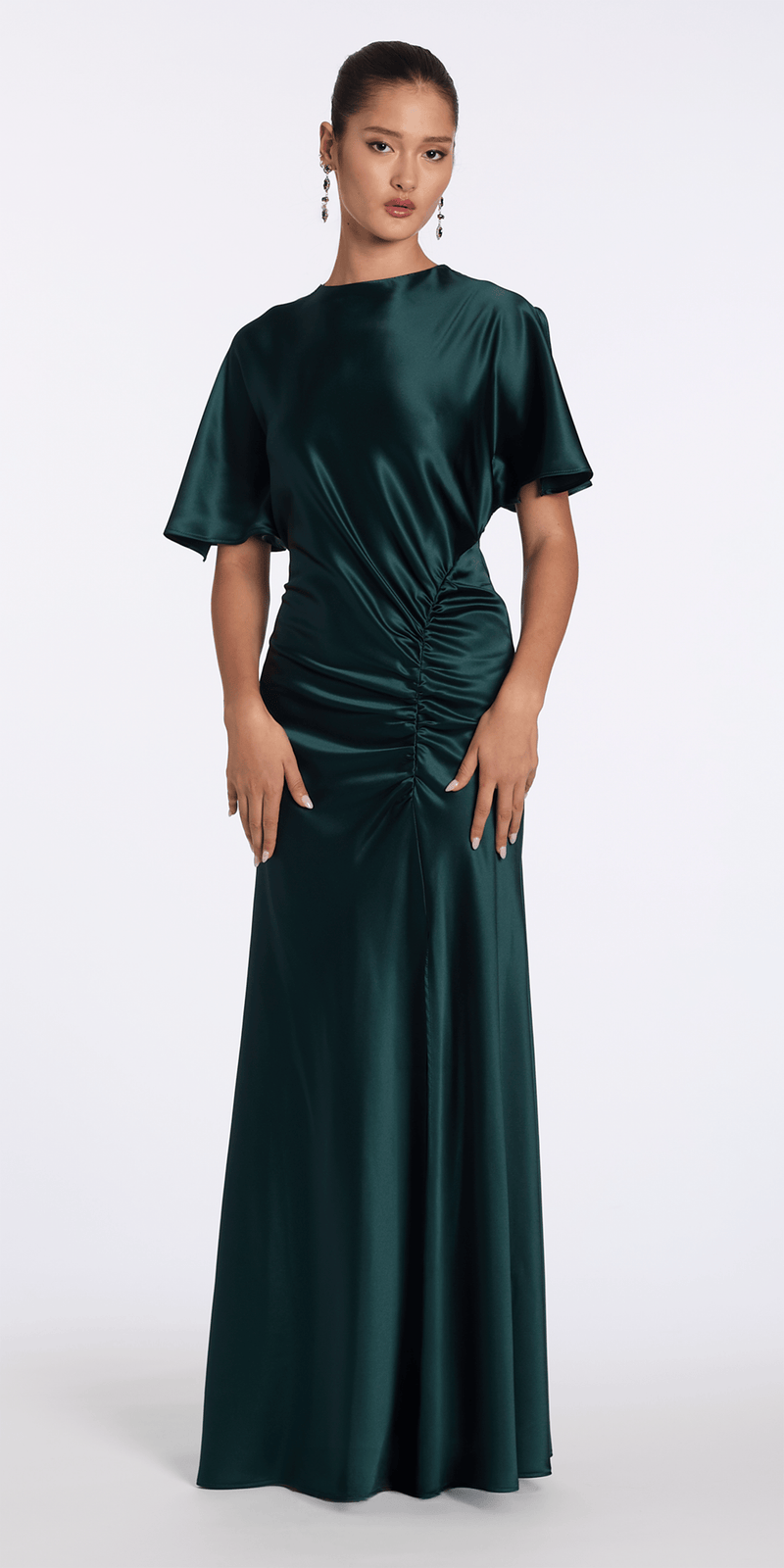 pine-green/size/4/missy/Camille La Vie/Satin Jewel Neck Flutter Sleeve Column Dress with Side Slit/front 