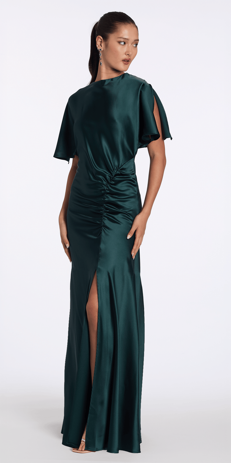 pine-green/size/4/missy/Camille La Vie/Satin Jewel Neck Flutter Sleeve Column Dress with Side Slit/front alt 2