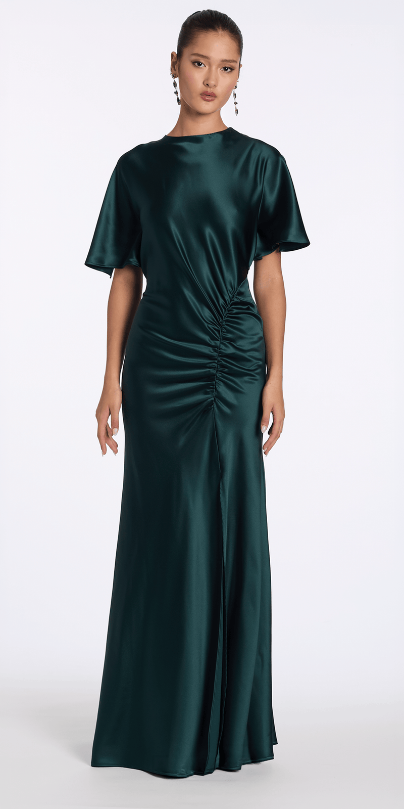 pine-green/size/4/missy/Camille La Vie/Satin Jewel Neck Flutter Sleeve Column Dress with Side Slit/front alt 