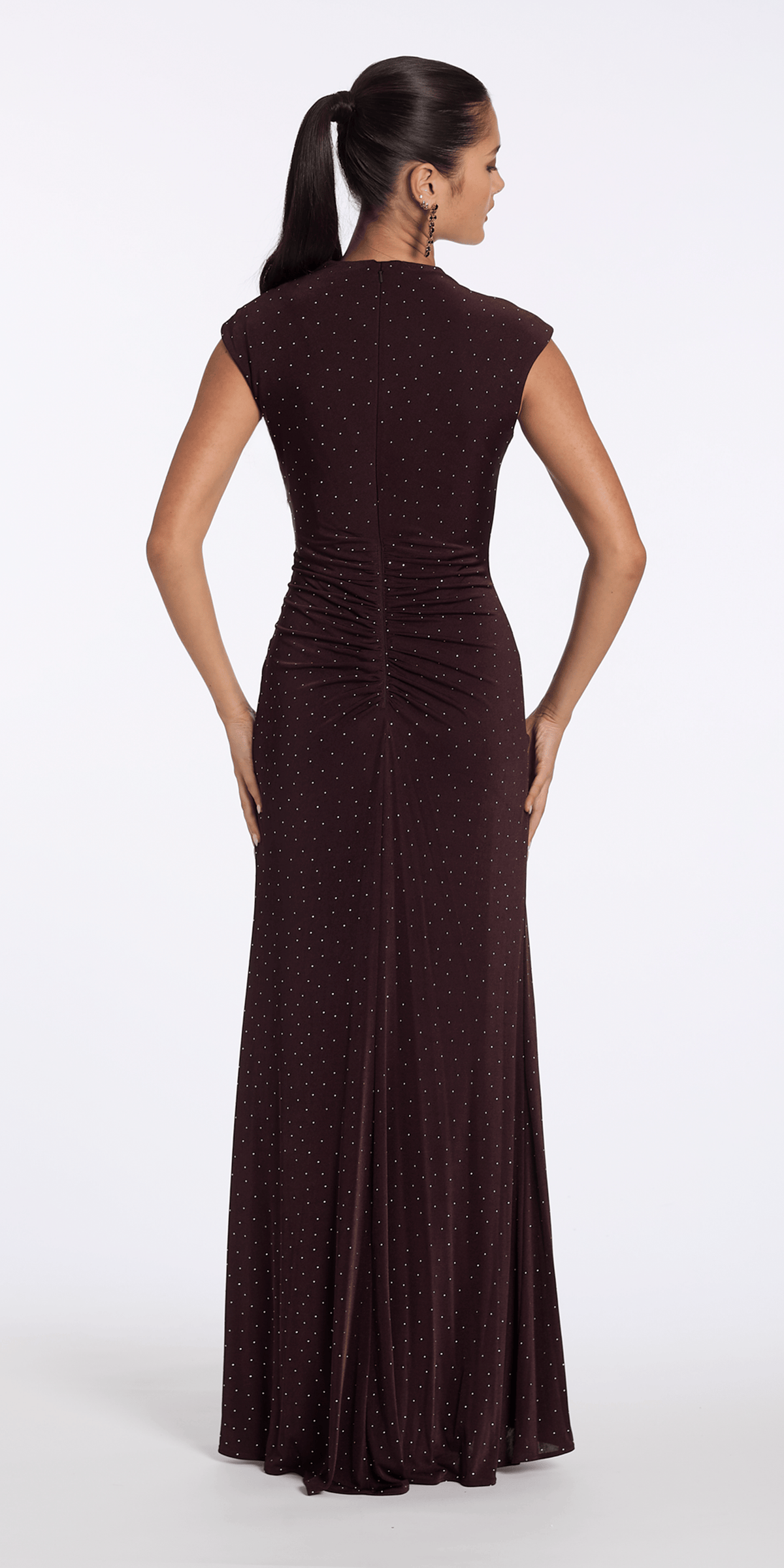 brown/size/4/missy/Camille La Vie/Jersey Jewel Neck Cap Sleeve Column Dress with Studs/back