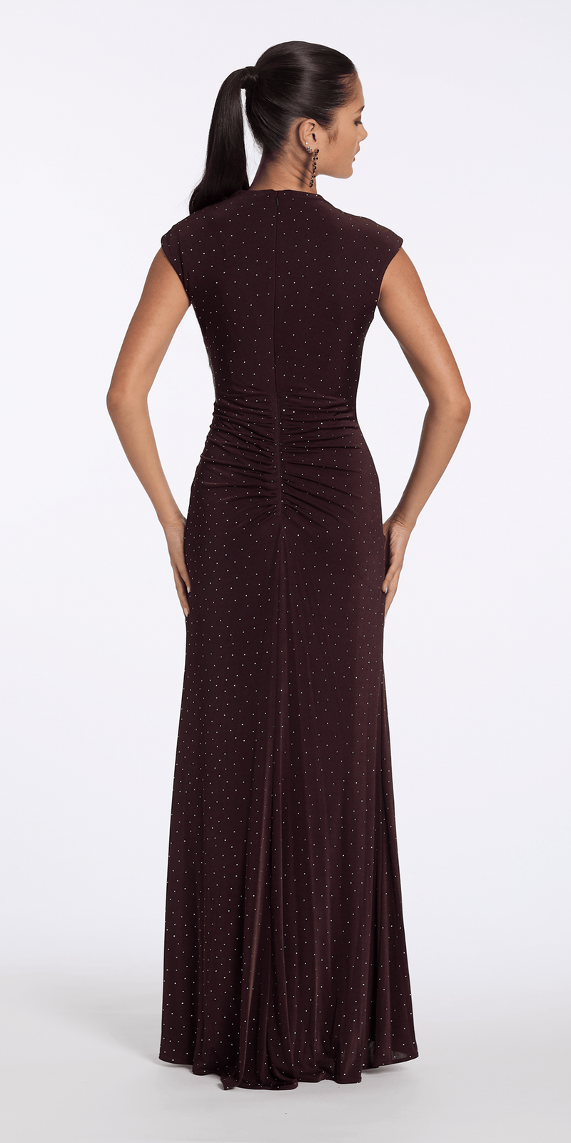 brown/size/4/missy/Camille La Vie/Jersey Jewel Neck Cap Sleeve Column Dress with Studs/back