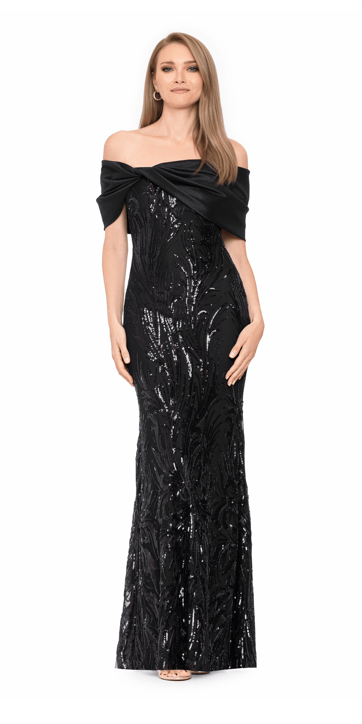 Camille La Vie Taffeta Twist Off the Shoulder Embellished Mesh Trumpet Dress