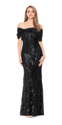 Camille La Vie Taffeta Twist Off the Shoulder Embellished Mesh Trumpet Dress
