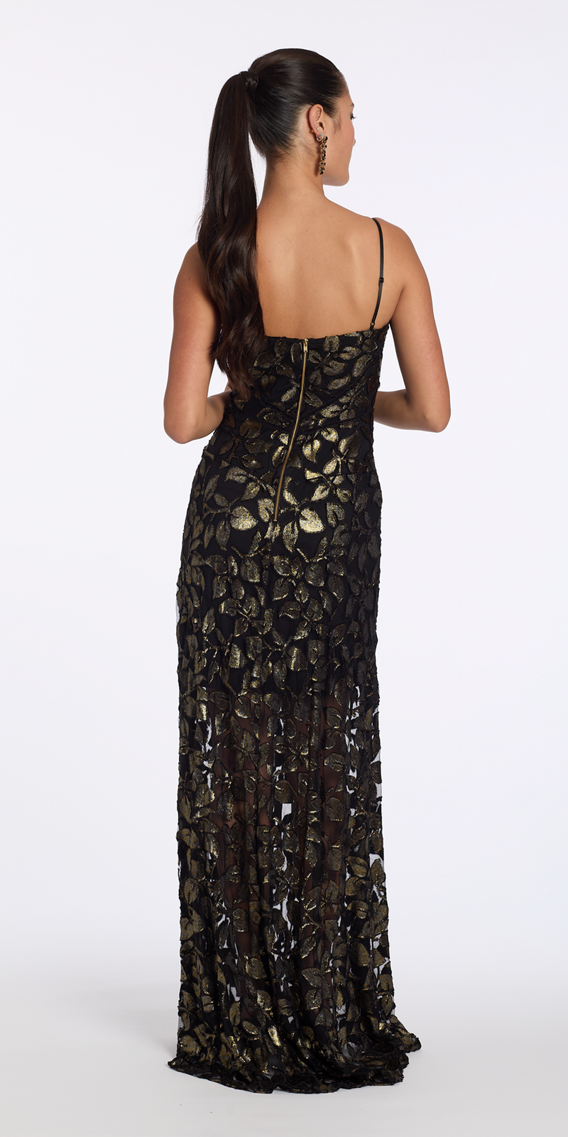 black-gold/size/4/missy/Camille La Vie/Mesh Foil Burnout Dress with Basque Waist/back