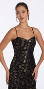 black-gold/size/4/missy/Camille La Vie/Mesh Foil Burnout Dress with Basque Waist/close up