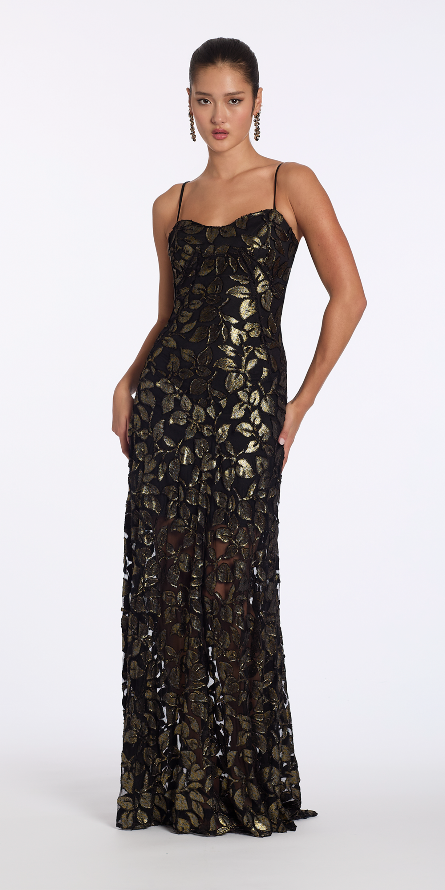 black-gold/size/4/missy/Camille La Vie/Mesh Foil Burnout Dress with Basque Waist/front 