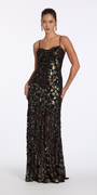 black-gold/size/4/missy/Camille La Vie/Mesh Foil Burnout Dress with Basque Waist/front 