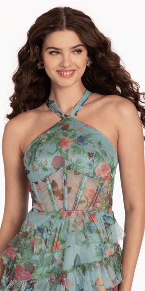 Print Mesh Halter Dress Image 3