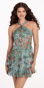 Print Mesh Halter Dress Image 1