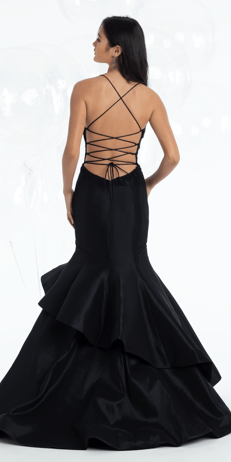 Taffeta Strappy Back Embroidered Corset Mermaid Dress Missy / 2 / Black