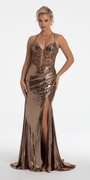 Metallic Foil Plunge Corset Trumpet Dress with Shawl Image 1