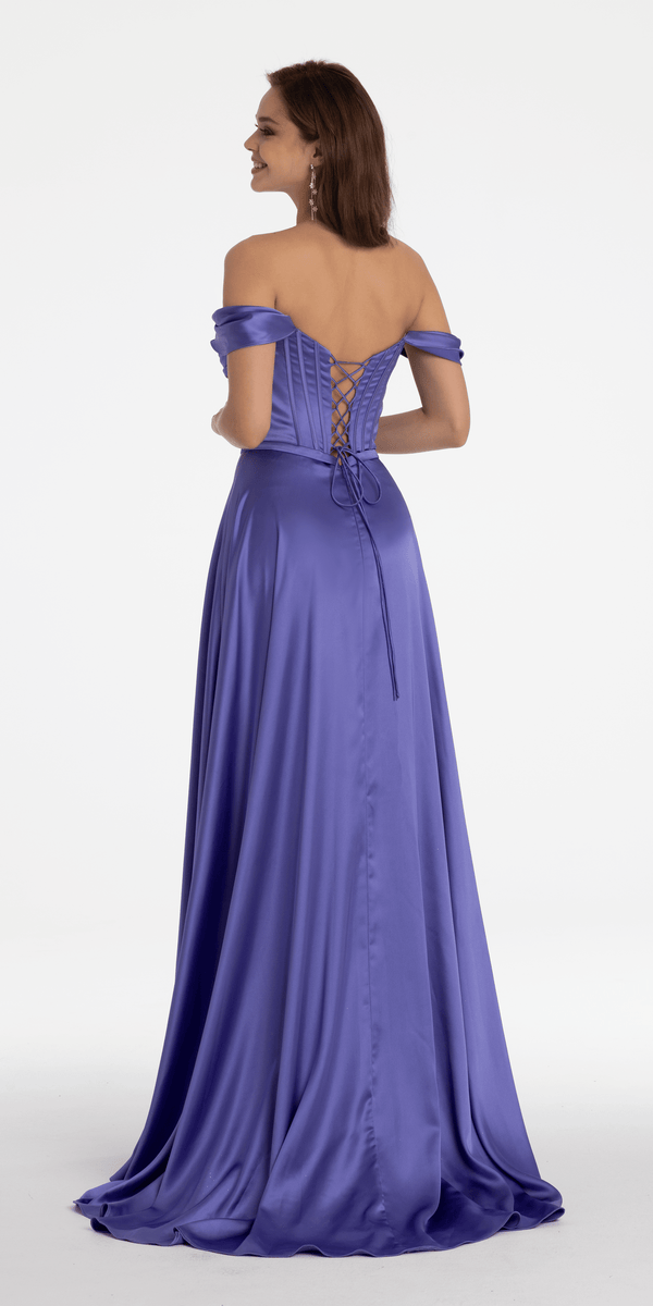 Satin Off the Shoulder Corset Ballgown with Rhinestone Edging Image 5