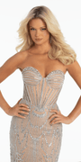 silver/size/4/missy/Camille La Vie/Rhinestone Illusion Strapless Glitter Corset Trumpet Dress with Shawl/close up