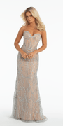 silver/size/4/missy/Camille La Vie/Rhinestone Illusion Strapless Glitter Corset Trumpet Dress with Shawl/front