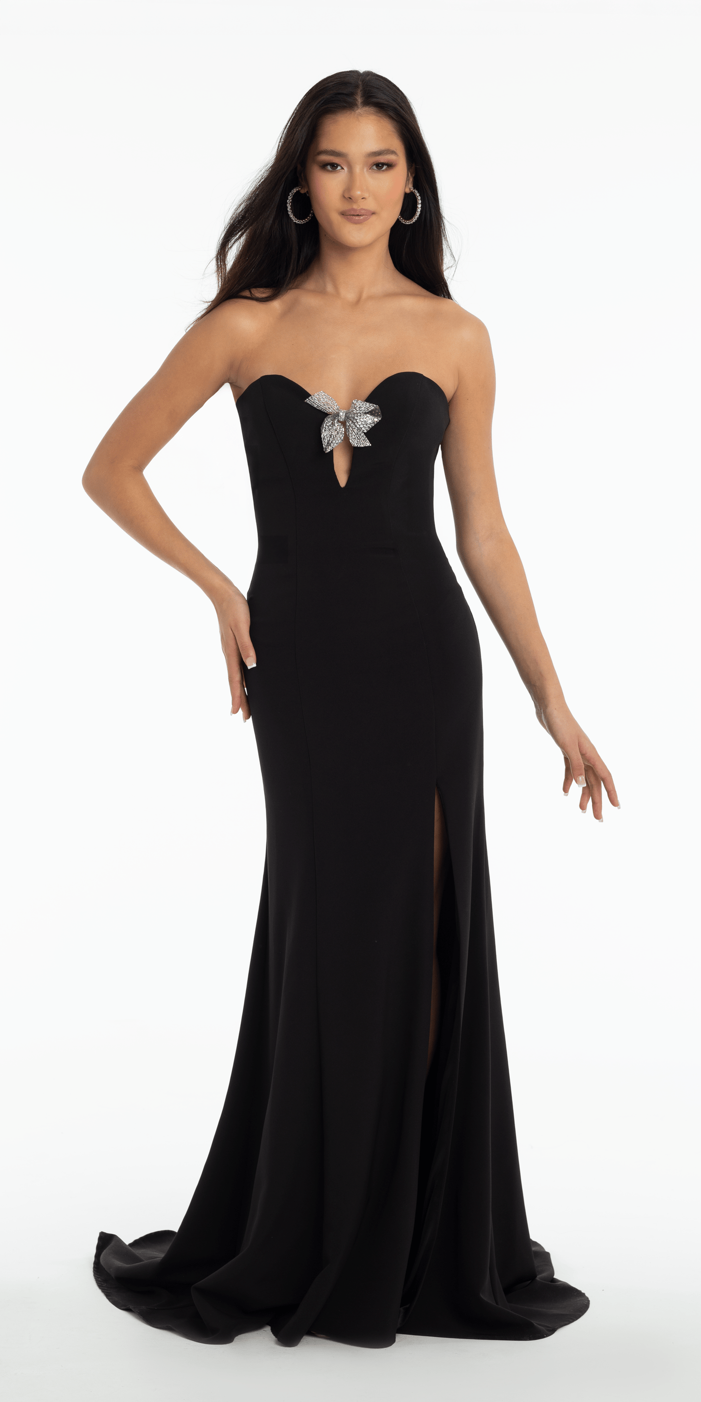black/ size/0/missy/Camille La Vie Strapless Crepe Trumpet Dress with Organza Bow Back and Shawl/front alt
