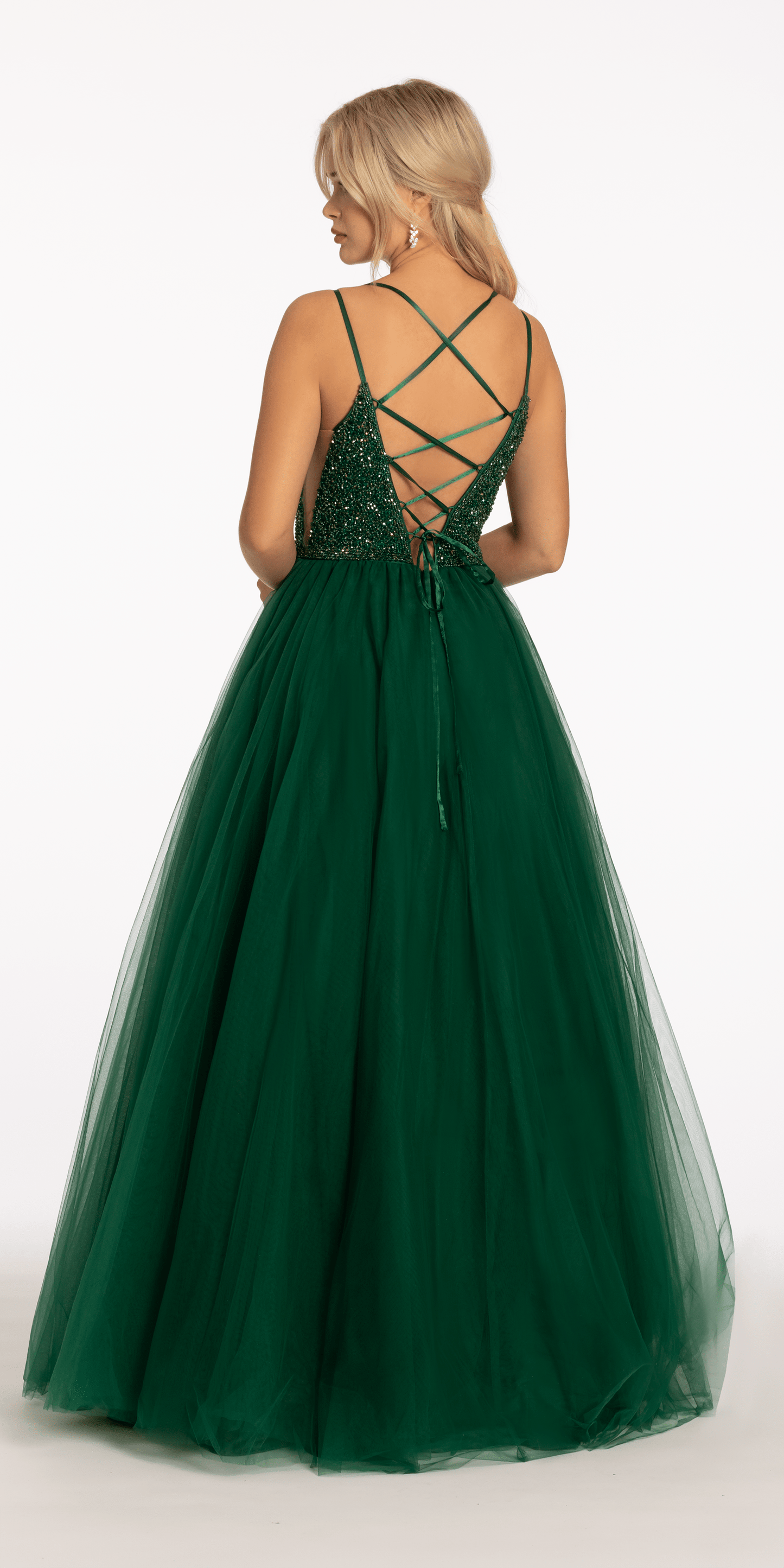 Camille La Vie Beaded Plunging Tulle Lace Up Back Ballgown