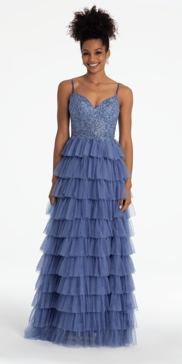 Mesh Tiered Corset Keyhole Back Ballgown Image 1