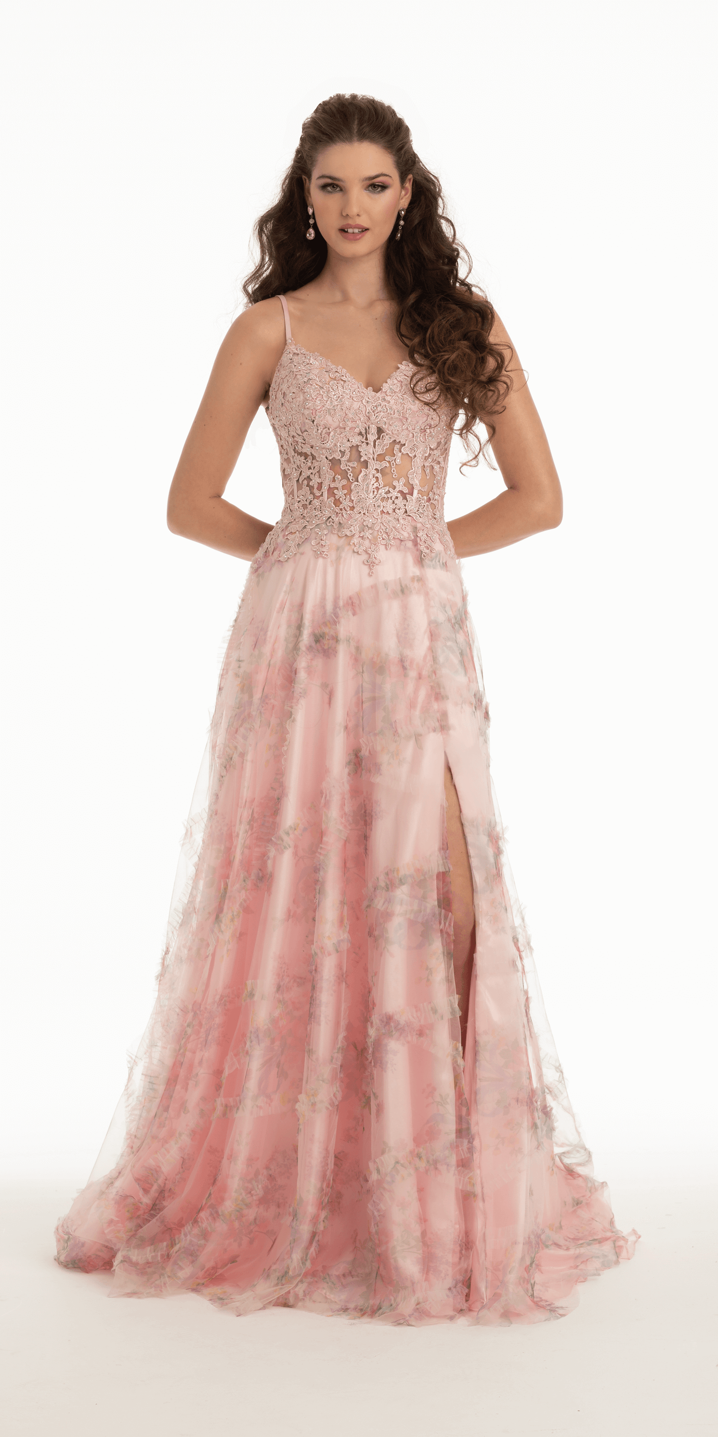 Camille La Vie Sweetheart Embroidered Tulle Print A Line Dress with Keyhole Back missy / 00 / pink