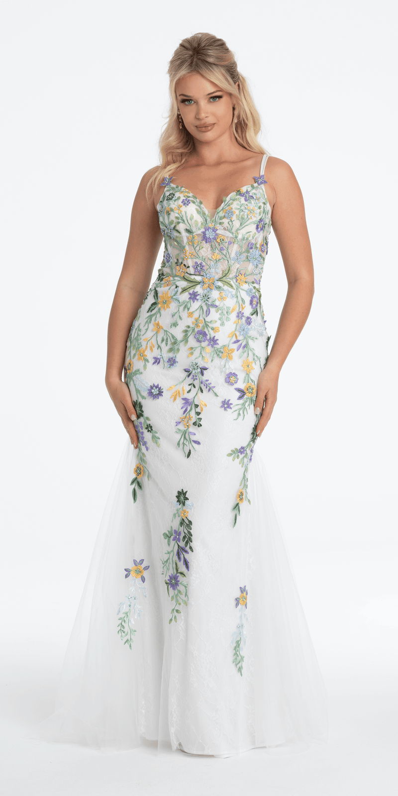 Floral Embroidered Mesh Corset Keyhole Mermaid Dress with Shawl Image 1