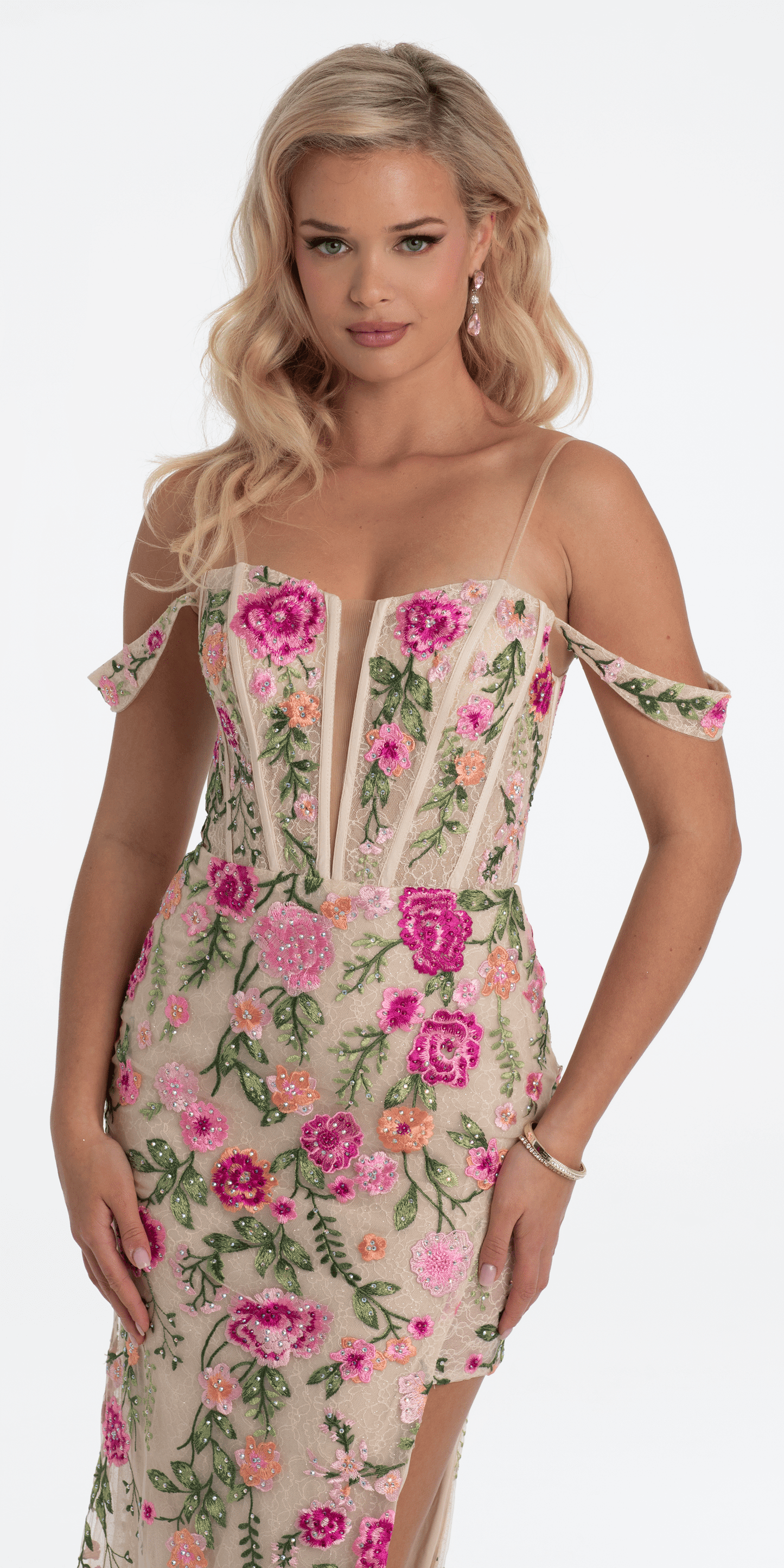 fuchsia/size/0/missy/Camille La Vie/Off the Shoulder Floral Embroidered Column Dress/close up