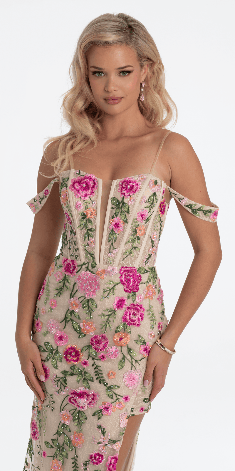 Off the Shoulder Floral Embroidered Column Dress Image 2