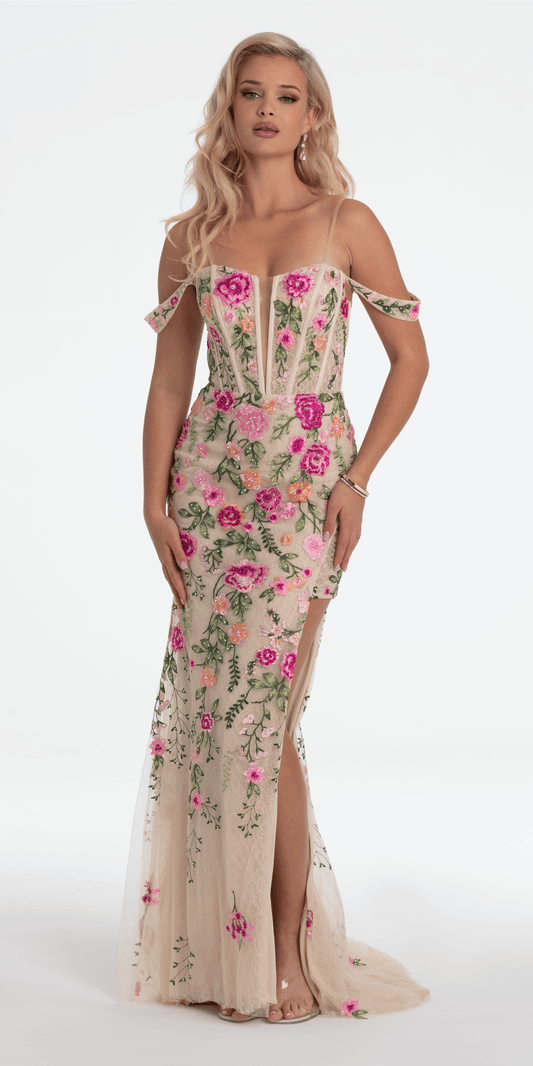 Off the Shoulder Floral Embroidered Column Dress – Camille La Vie
