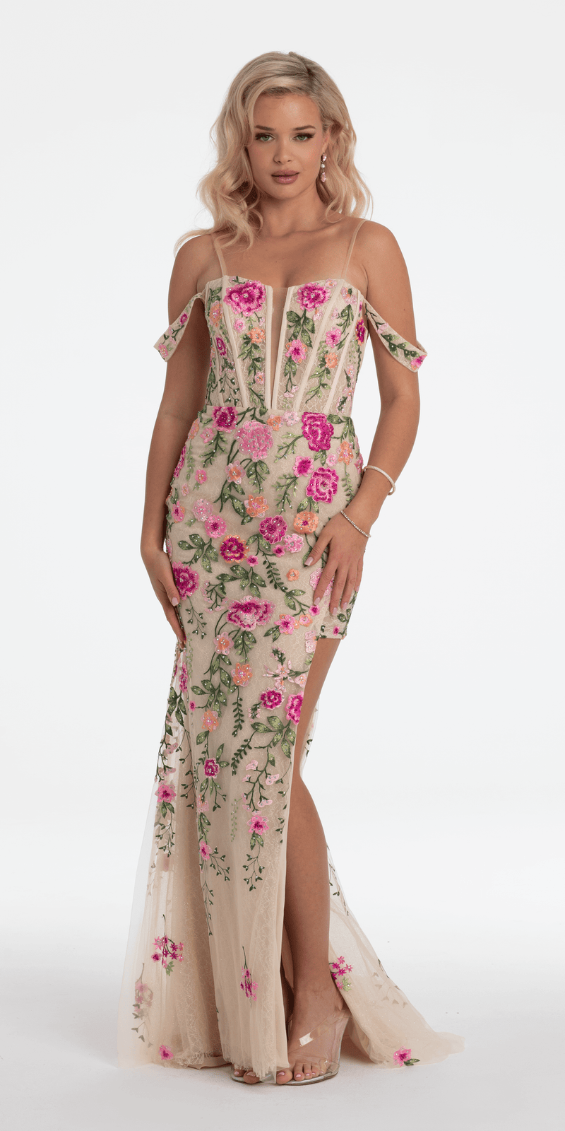 Off the Shoulder Floral Embroidered Column Dress Image 3