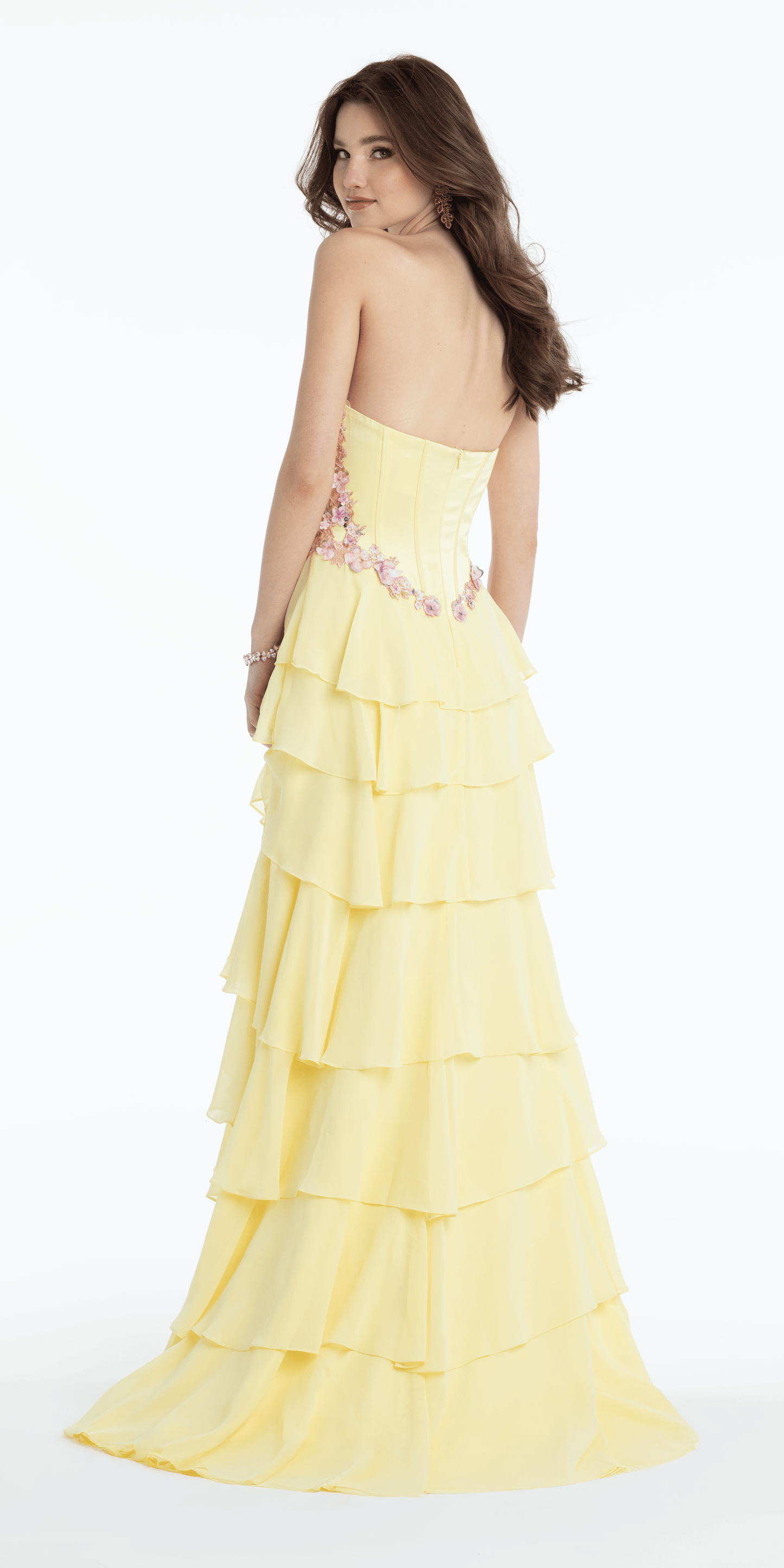 yellow/size/4/missy/Camille La Vie/Floral Embellished Drape Corset Tiered Chiffon A Line Dress/back