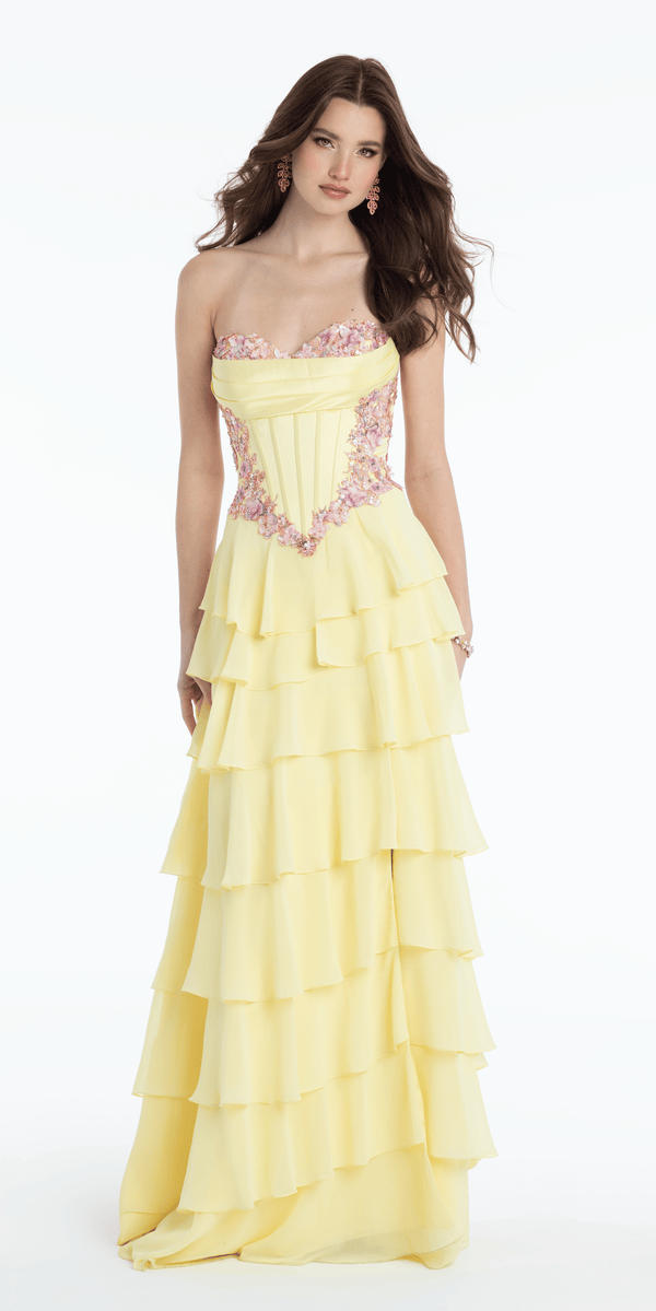 yellow/size/4/missy/Camille La Vie/Floral Embellished Drape Corset Tiered Chiffon A Line Dress/front