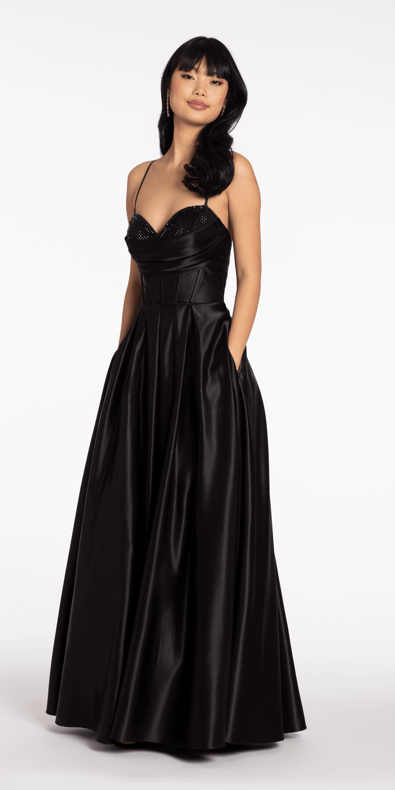Satin Beaded Drape Corset Ballgown with Side Pockets Image 2