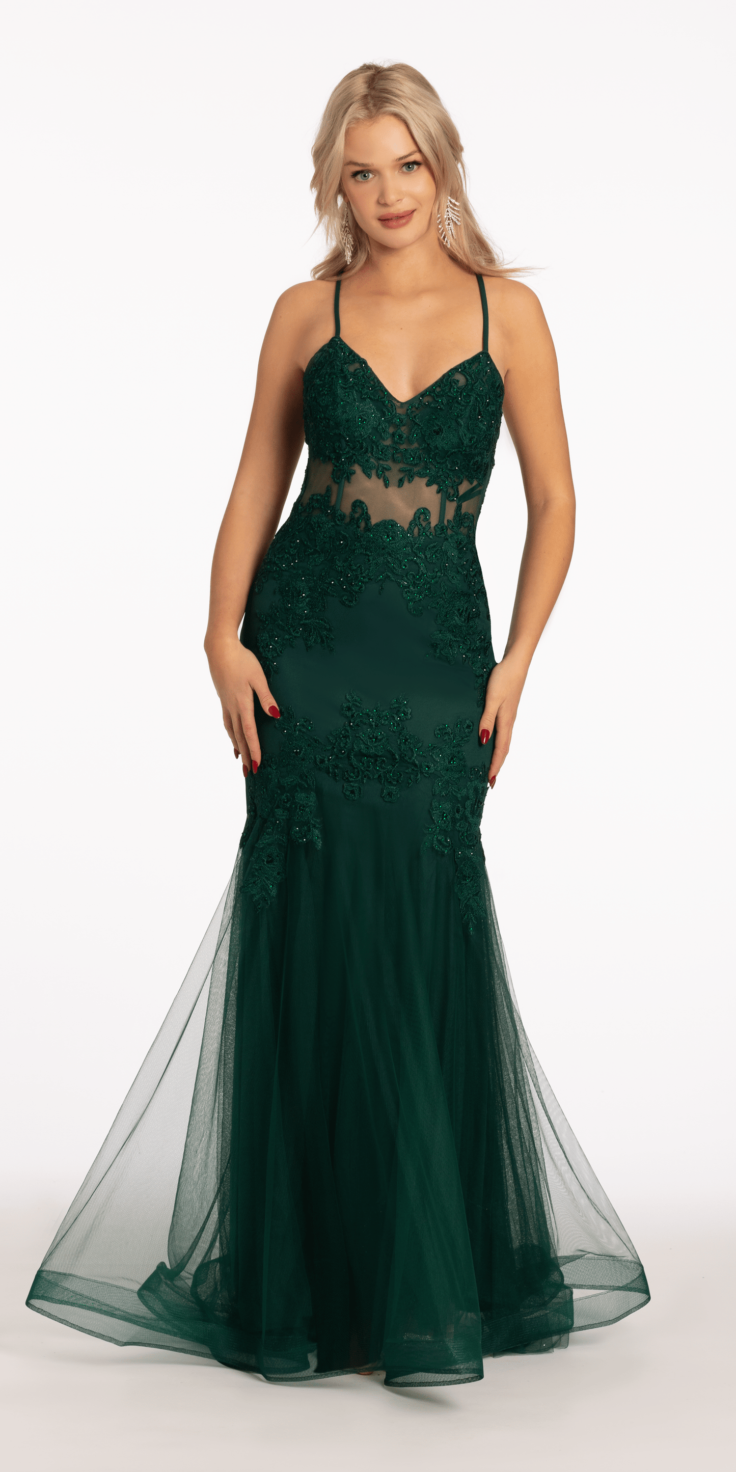 Camille La Vie Lace Up Illusion Corset Mermaid Dress with Embellished Appliques missy / 2 / hunter-green