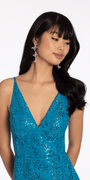Glitter Mesh V Neck Lace Up Back Trumpet Dress Image 2