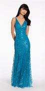 Glitter Mesh V Neck Lace Up Back Trumpet Dress Image 1
