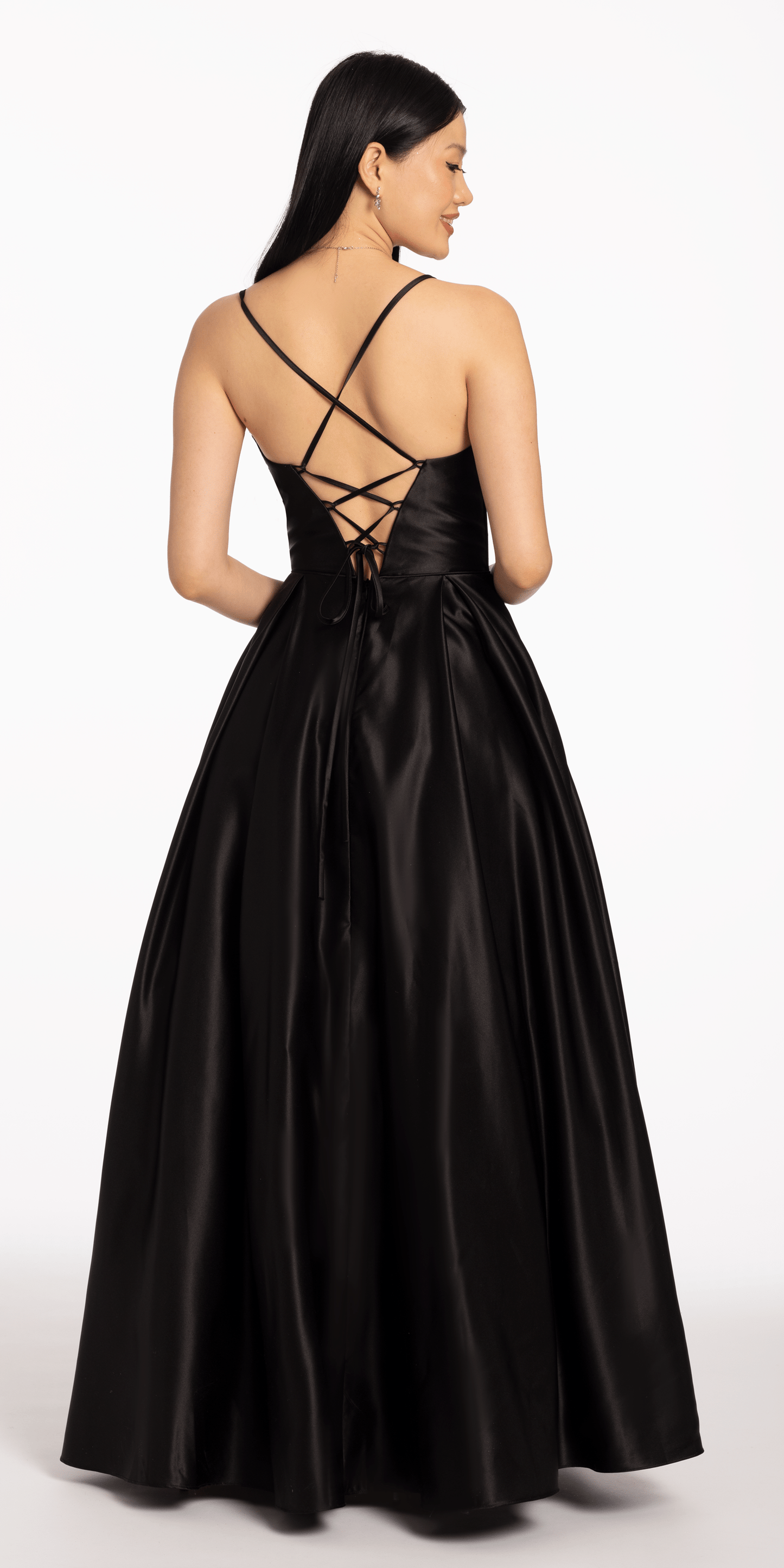 Camille La Vie Satin Pleated Sweetheart Lace Up Ballgown with Pockets