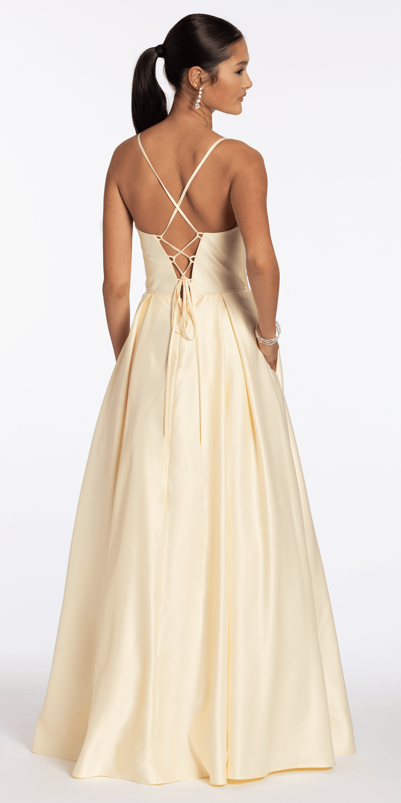 Satin Pleated Sweetheart Lace Up Ballgown with Pockets Camille La Vie Satin Pleated Sweetheart Lace Up Ballgown with Pockets Camille La Vie