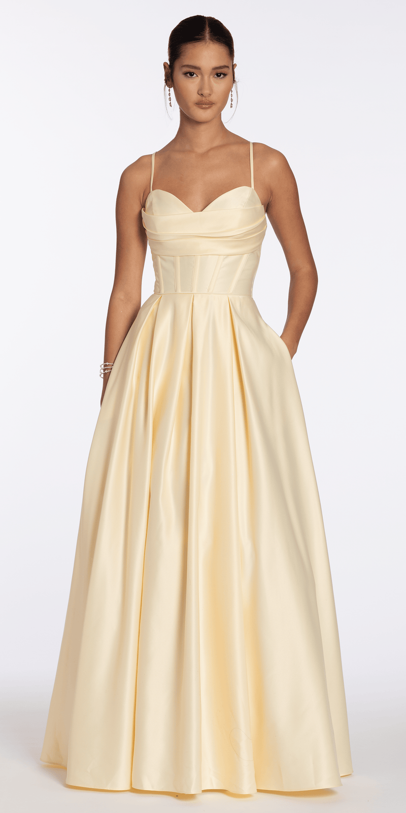 Satin Pleated Sweetheart Lace Up Ballgown with Pockets junior / 16 / butter Satin Pleated Sweetheart Lace Up Ballgown with Pockets junior / 16 / butter