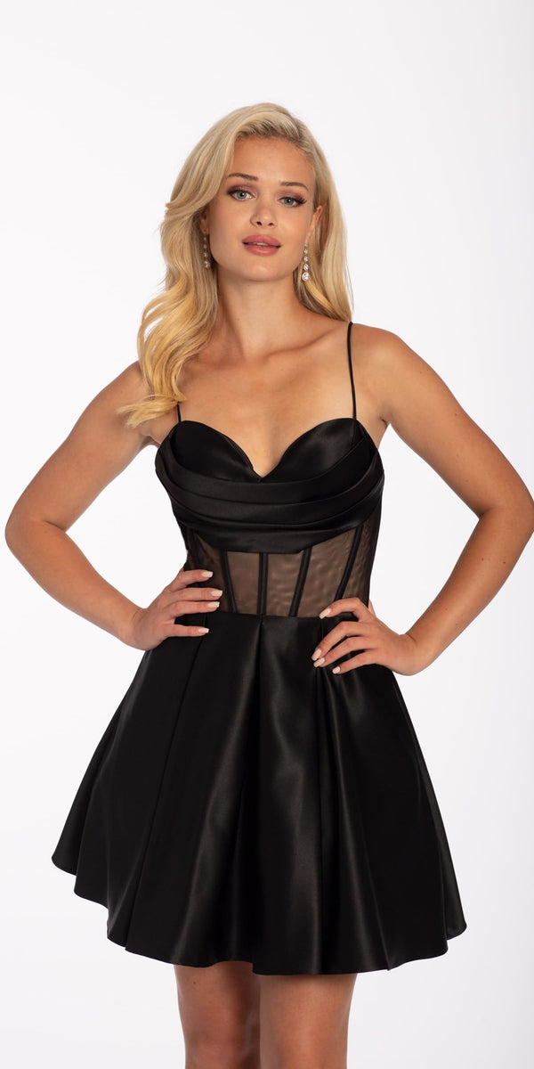 Sweetheart Satin Corset Fit and Flare Dress with Pockets Image 1