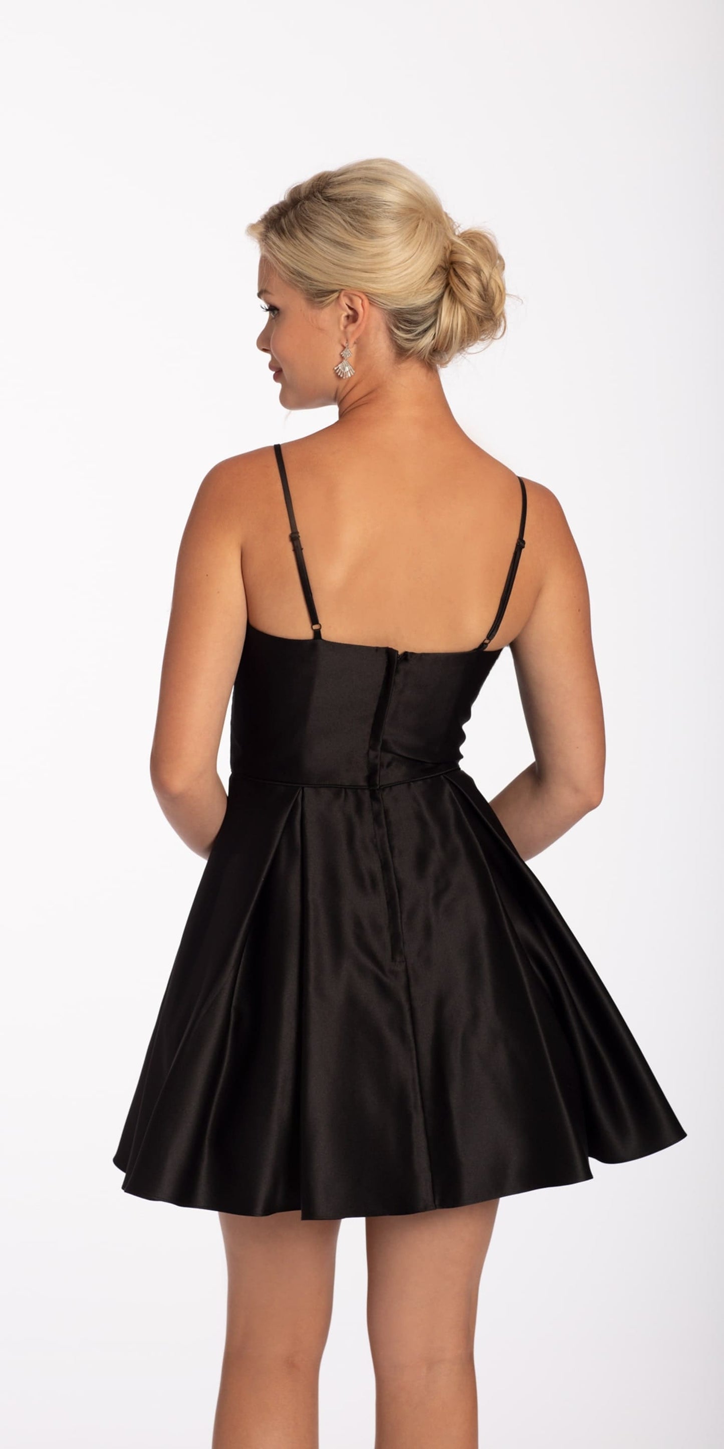 Camille La Vie Pleated Satin Fit and Flare Dress with Feather Detail