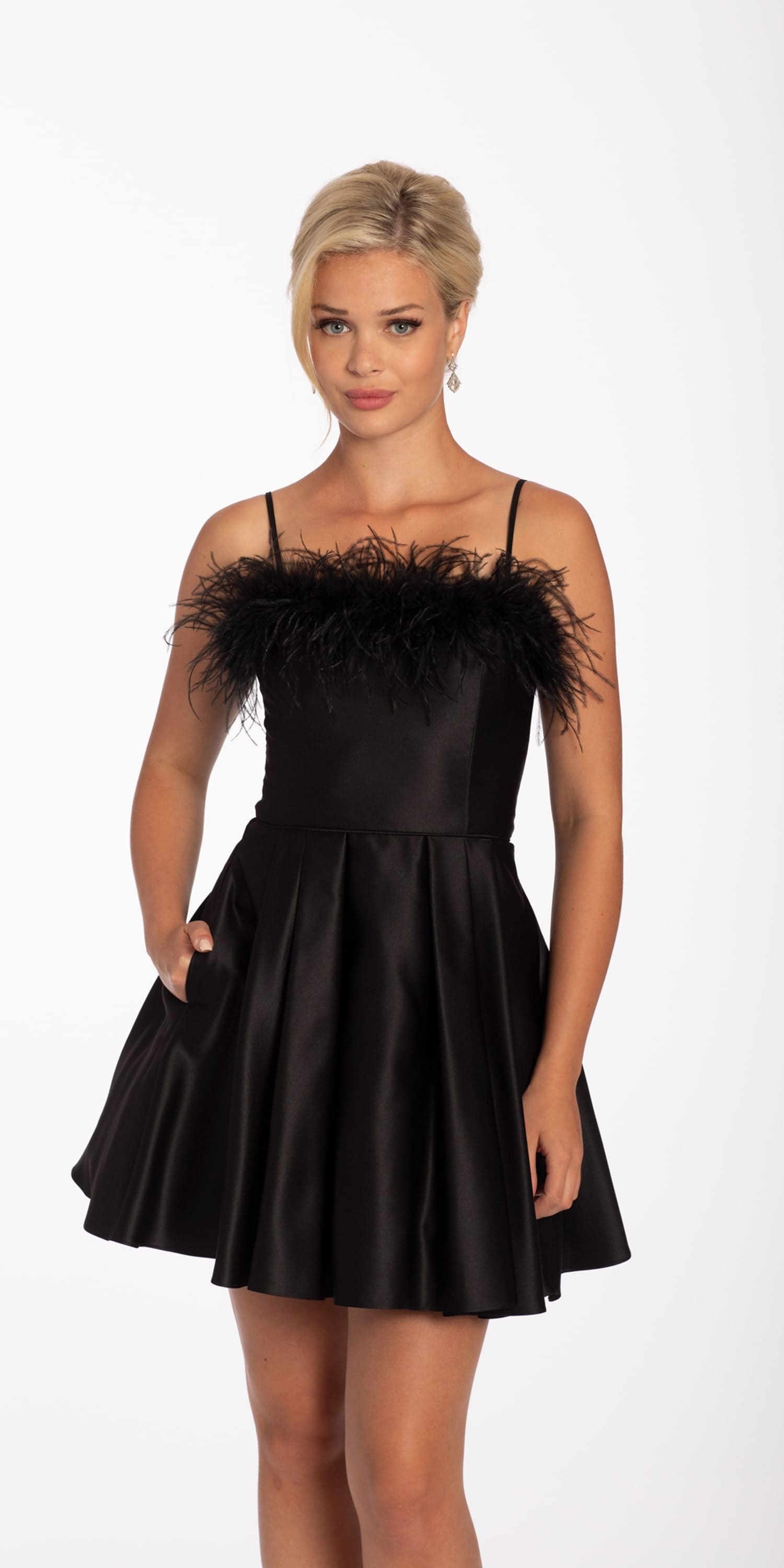 Pleated Satin Fit And Flare Dress With Feather Detail Camille La Vie 3809