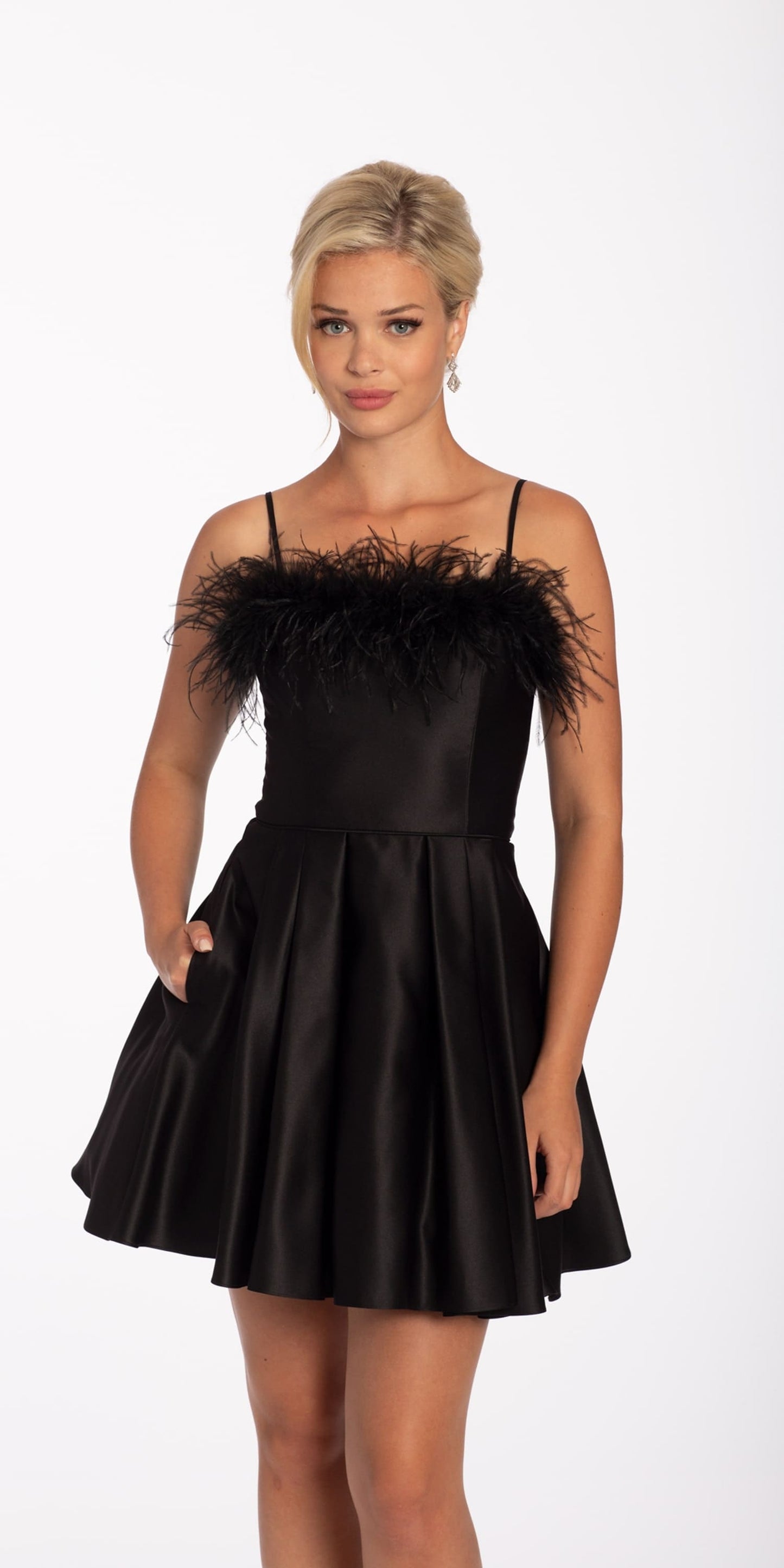 Camille La Vie Pleated Satin Fit and Flare Dress with Feather Detail missy / 2 / black