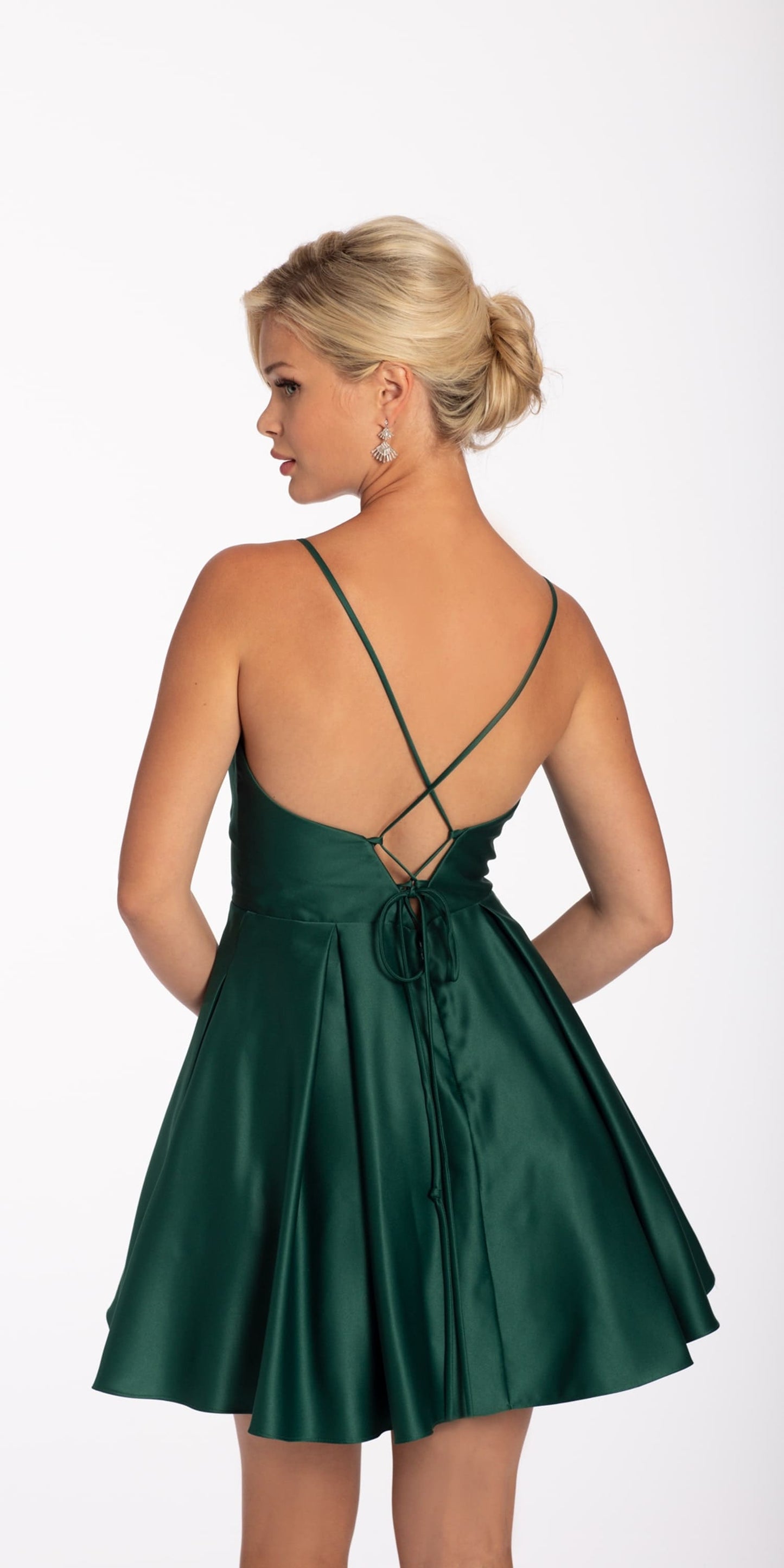 Camille La Vie Pleated Satin Fit and Flare Dress with Peek-a-Boo-Bodice