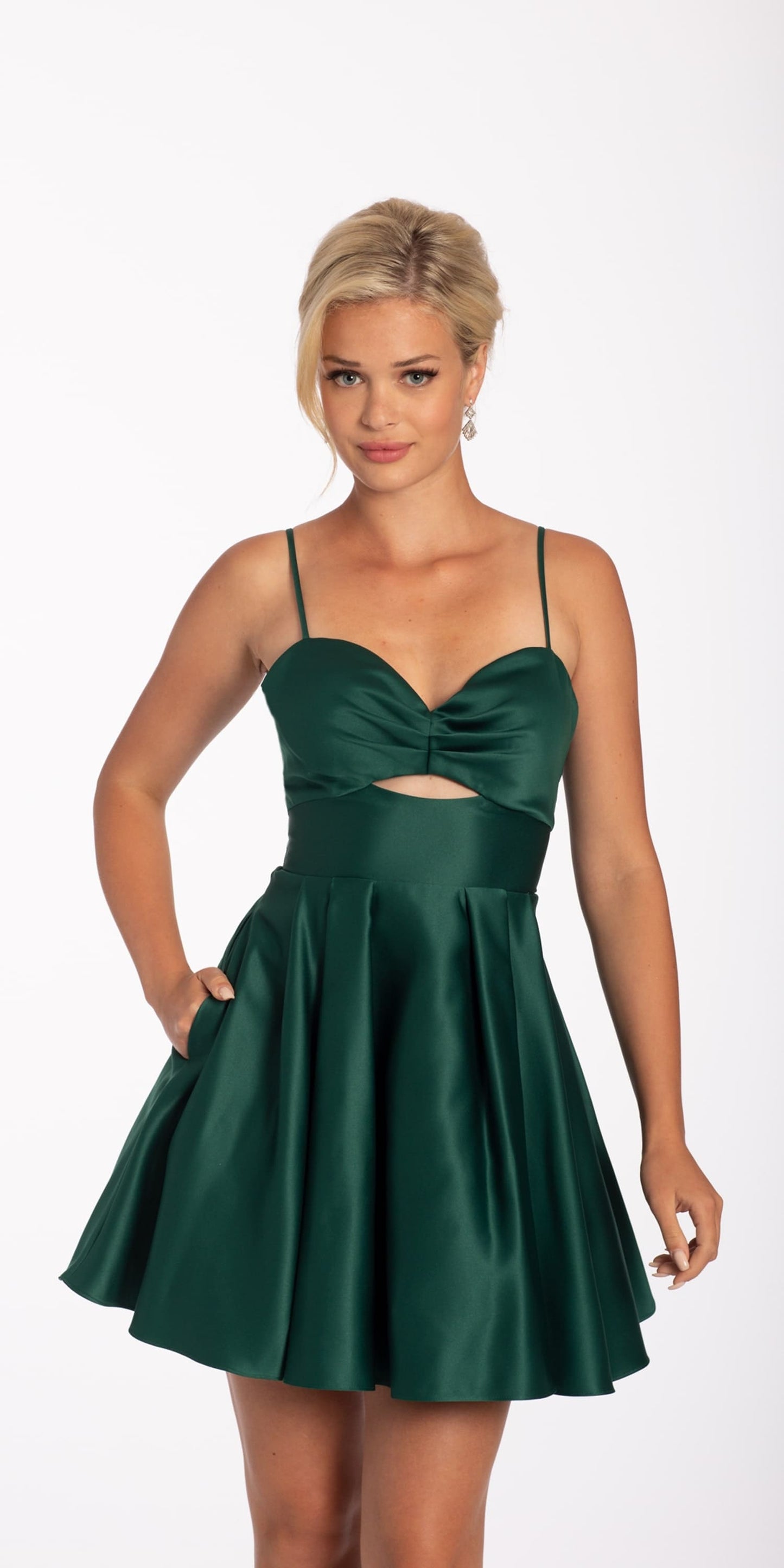 Camille La Vie Pleated Satin Fit and Flare Dress with Peek-a-Boo-Bodice missy / 2 / hunter-green