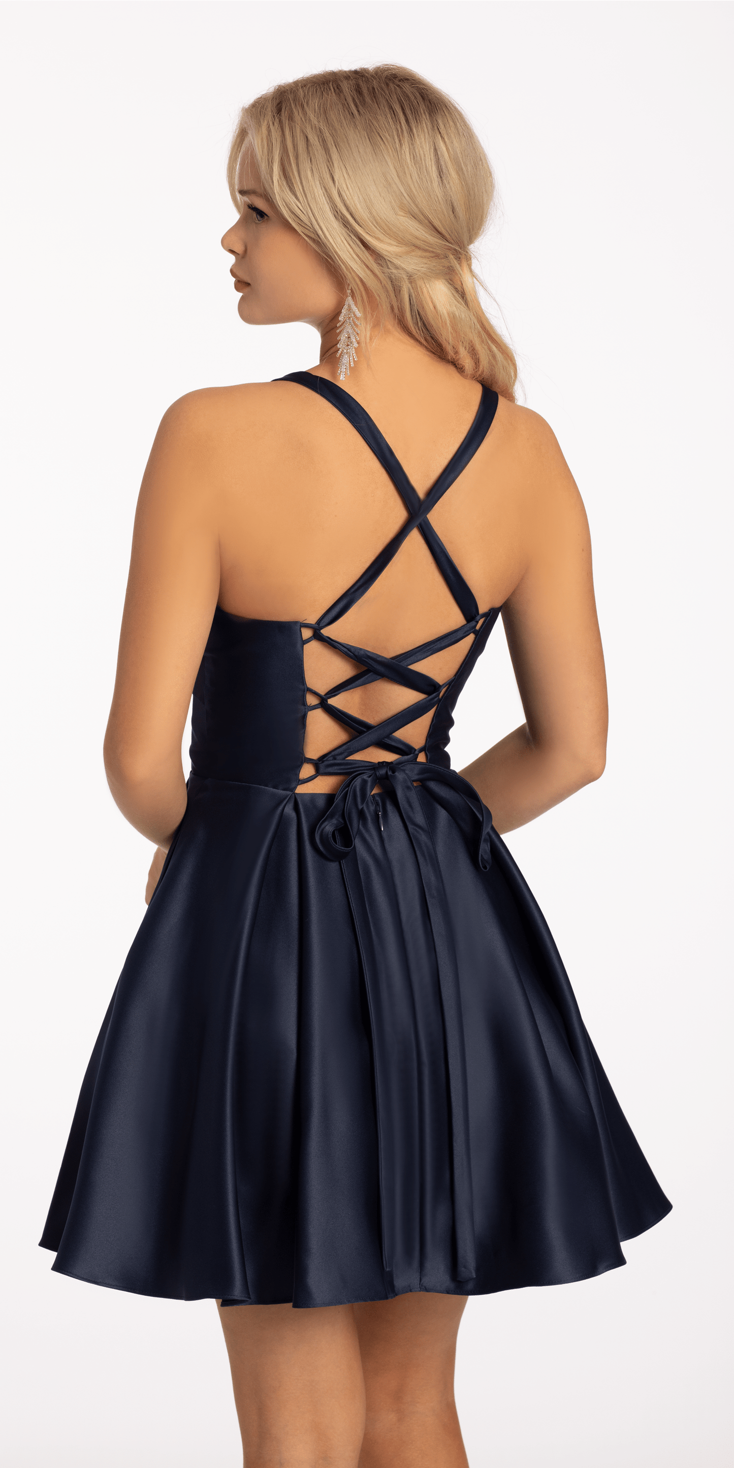 Camille La Vie Satin Pleated Lace Up Back Fit and Flare Dress