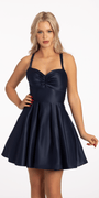 Satin Pleated Lace Up Back Fit and Flare Dress Image 1