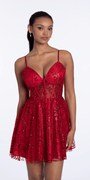 red/size/4/missy/Camille La Vie/Sweetheart Glitter Mesh Lace Up Back Skater Dress with Pockets/front