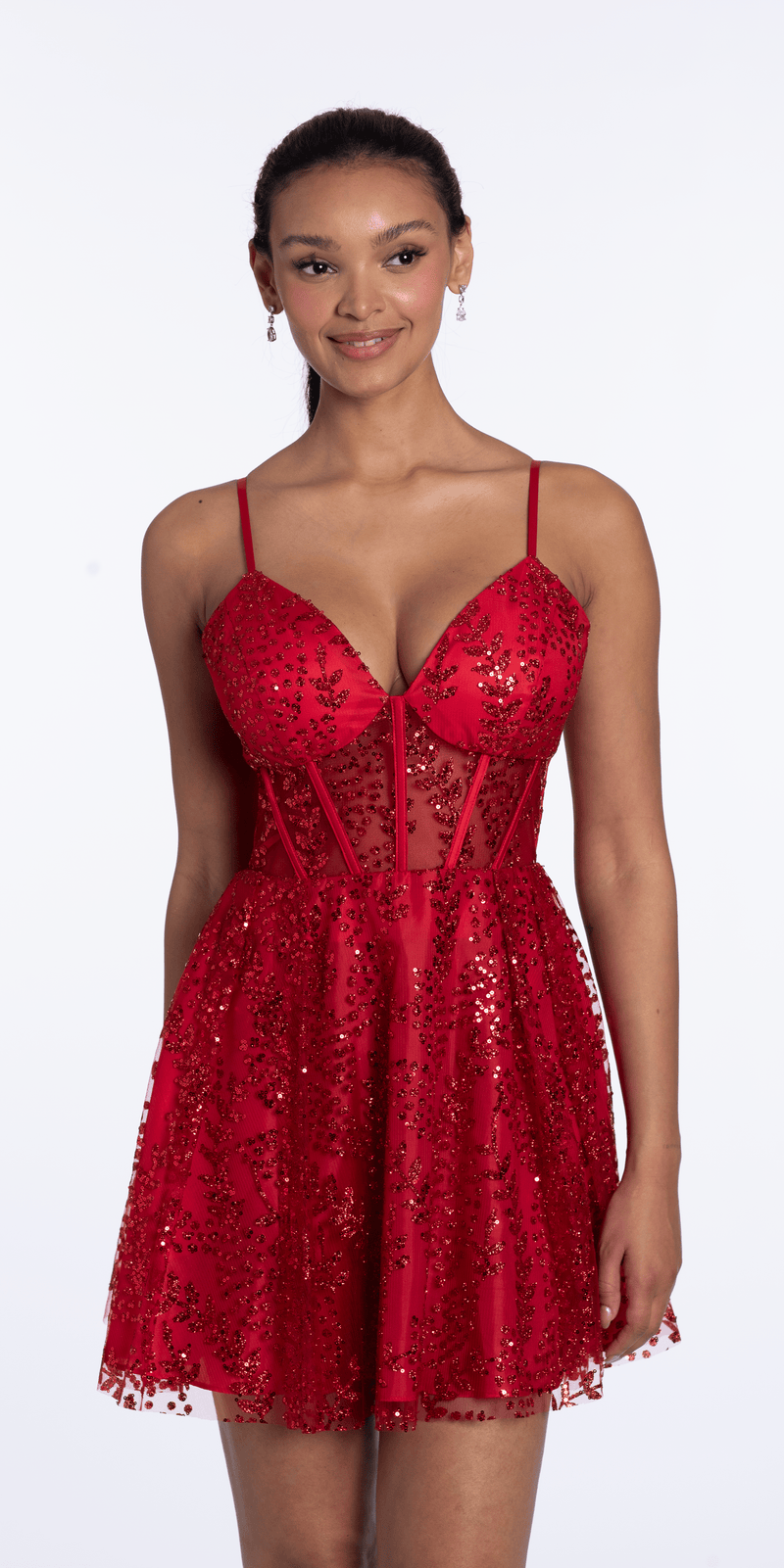 Sweetheart Glitter Mesh Lace Up Back Skater Dress with Pockets - junior / 14 / red Sweetheart Glitter Mesh Lace Up Back Skater Dress with Pockets - junior / 14 / red