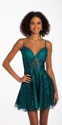 Glitter Mesh Corset Fit and Flare Dress Image 1